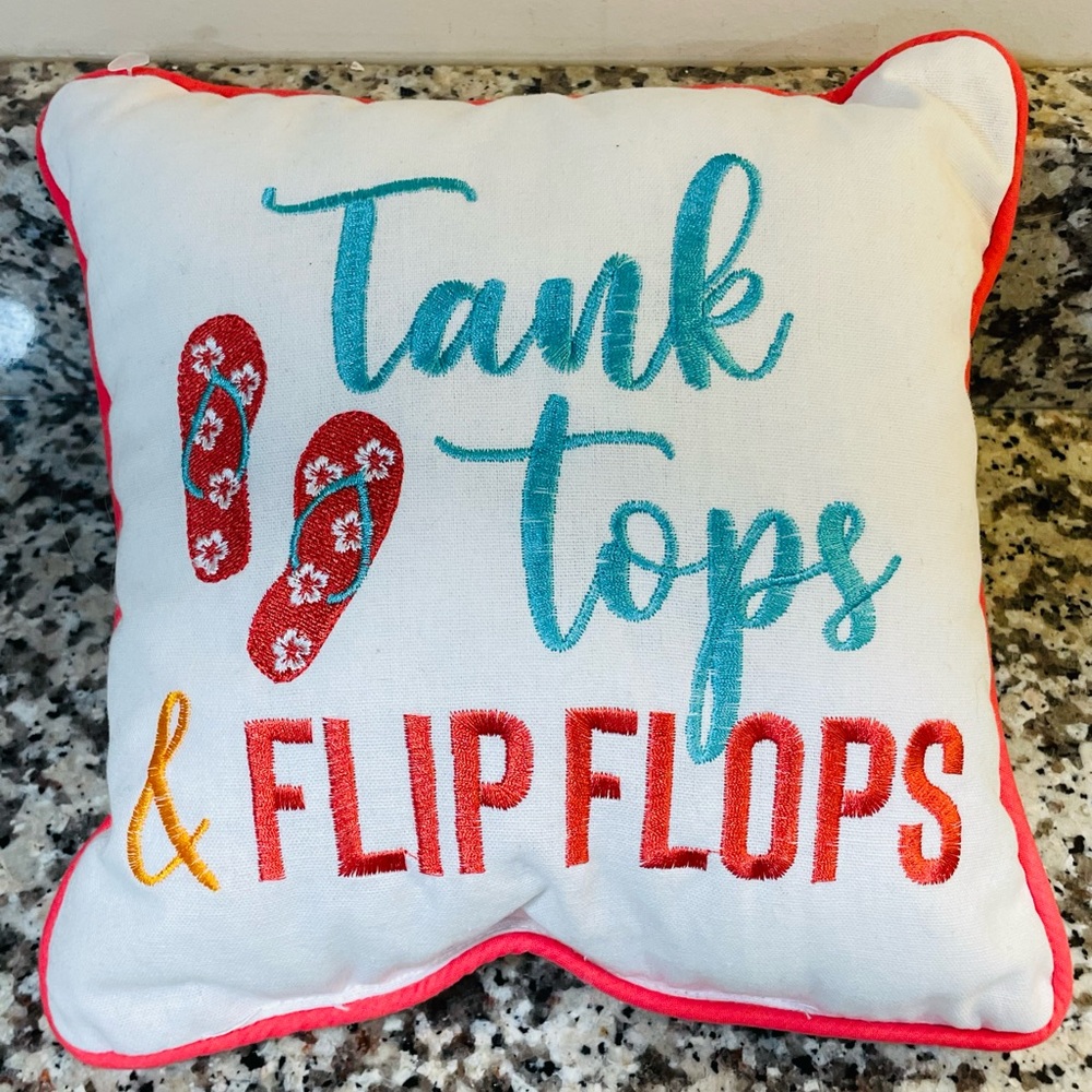 Tank Tops & Flip Flops Embroidered Throw Pillow Ocean Nautical Summer Cute NEW